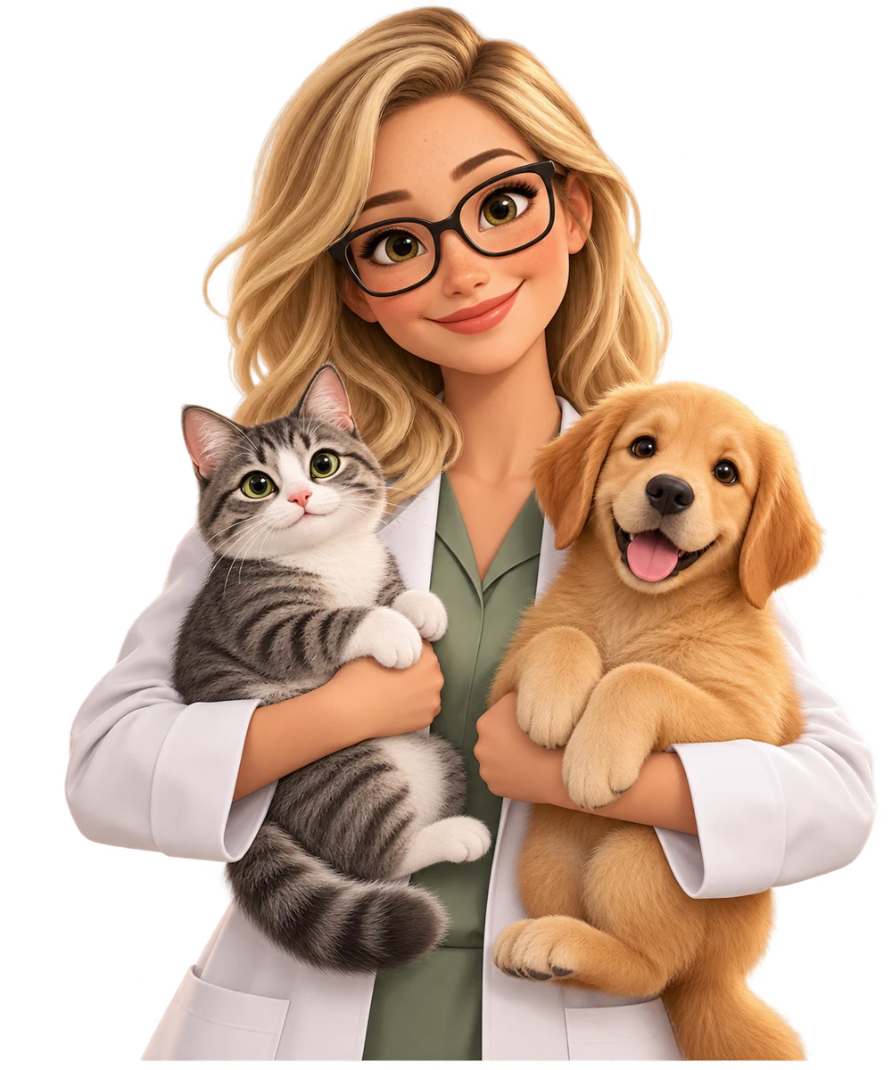 Personagem LUPI com um gato e um cachorro